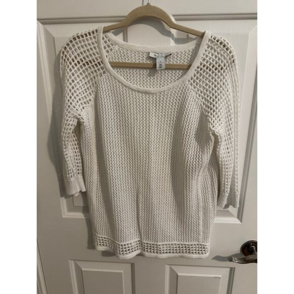 White House Black Market Open Knit Crochet Raglan Sleeve Summer Sweater White S